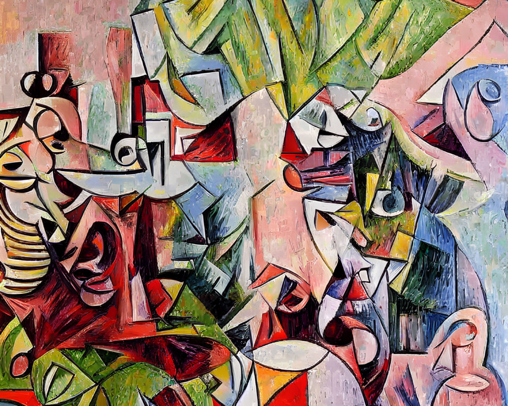 Colorful Cubist Painting with Interlocking Shapes and Musical Instrument Motifs