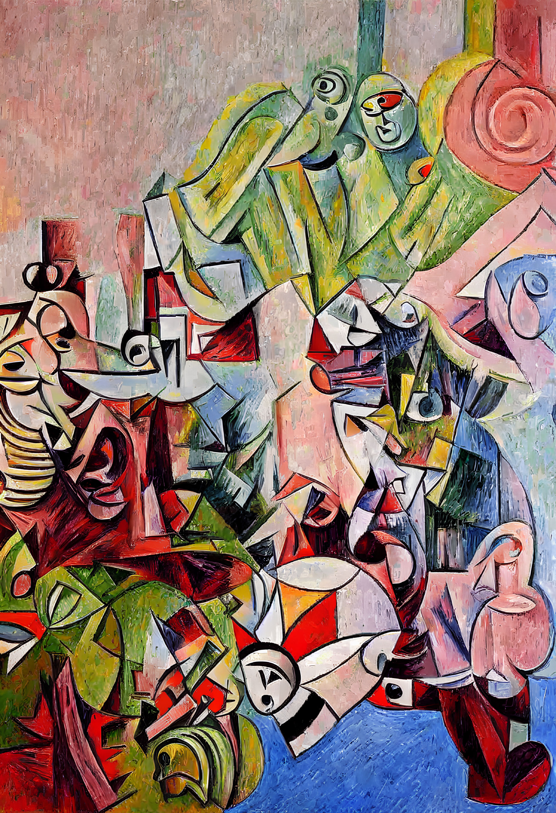 Colorful Cubist Painting with Interlocking Shapes and Musical Instrument Motifs