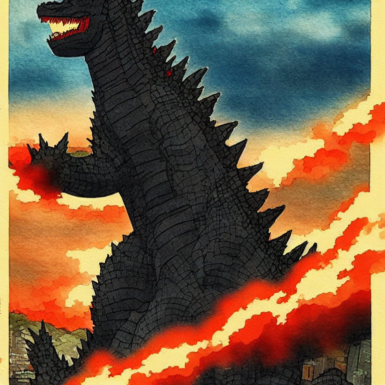 Monstrous Godzilla Roaring in Twilight Sky