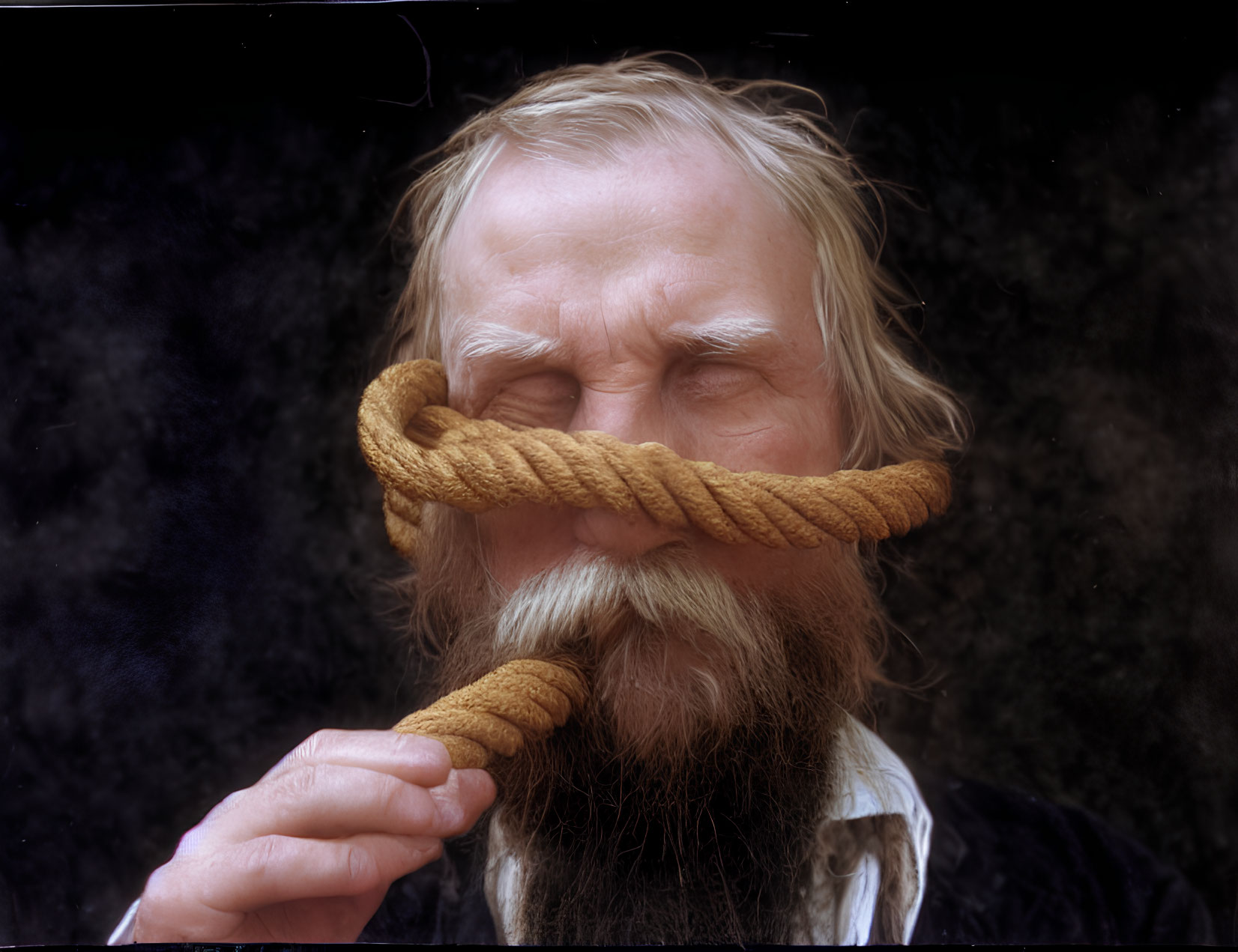 Person with long beard holding rope, covering mouth and nose on dark background