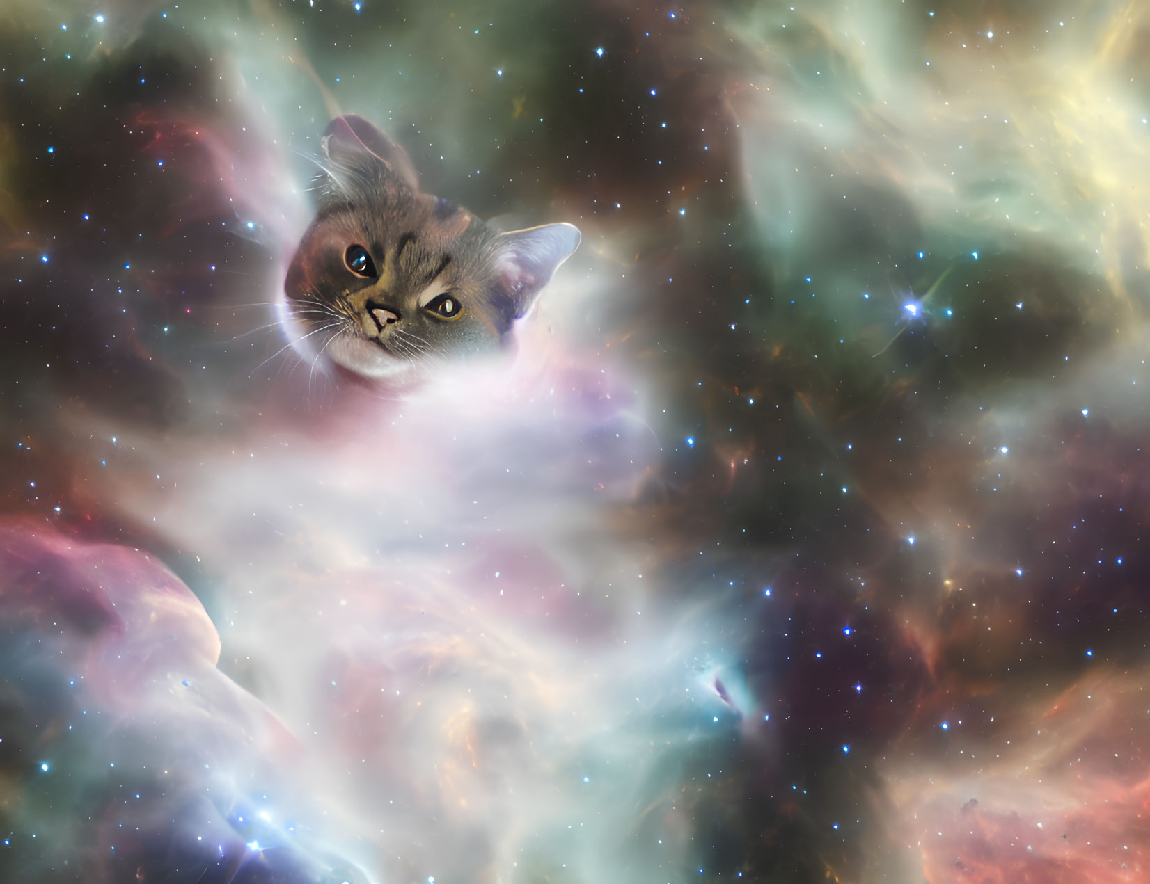 Cat's face merged with cosmic nebula in vibrant image