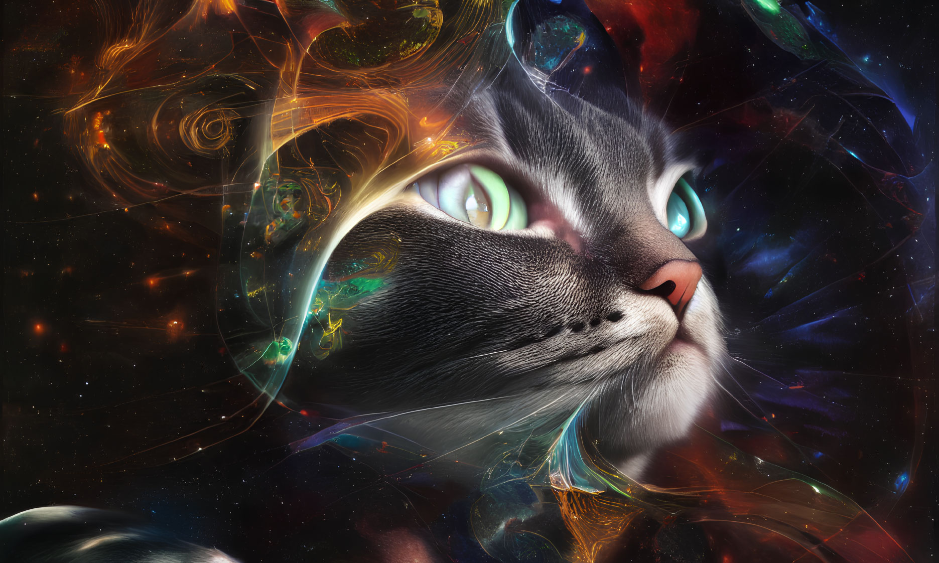 Colorful digital artwork: Cat's face on cosmic background