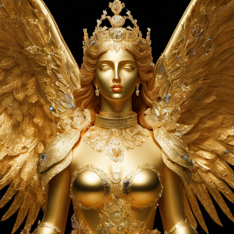 Golden figure with angel wings, crown, and intricate jewelry symbolizing regal elegance and mythical beauty.