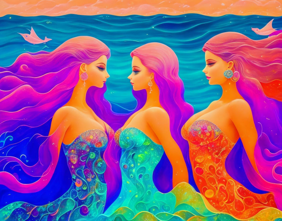 Colorful mermaids with vibrant tails and hair in ocean backdrop