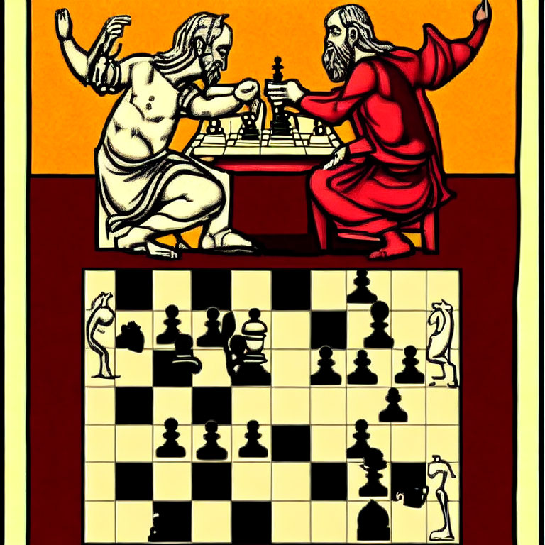 Stylized white and red figures playing chess in medieval art style