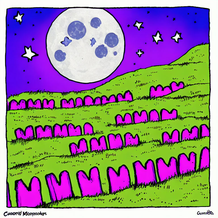 Detailed cartoon moon over purple and green hills with "Carrot's Misophonia" text