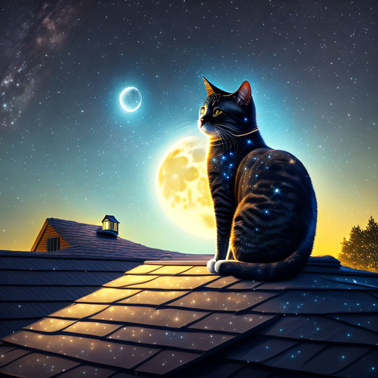Tabby cat on rooftop under full moon and stars