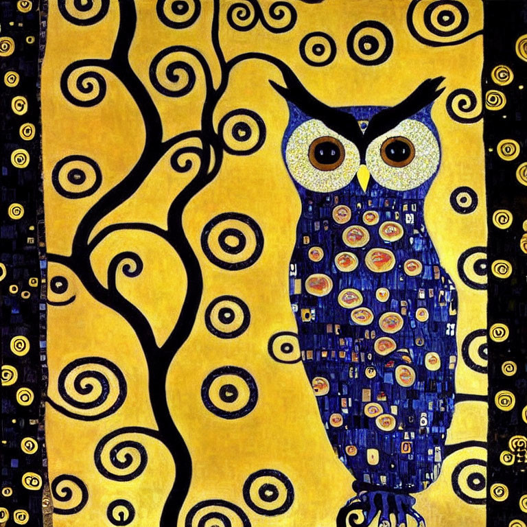 Stylized owl with spiral patterns on yellow background