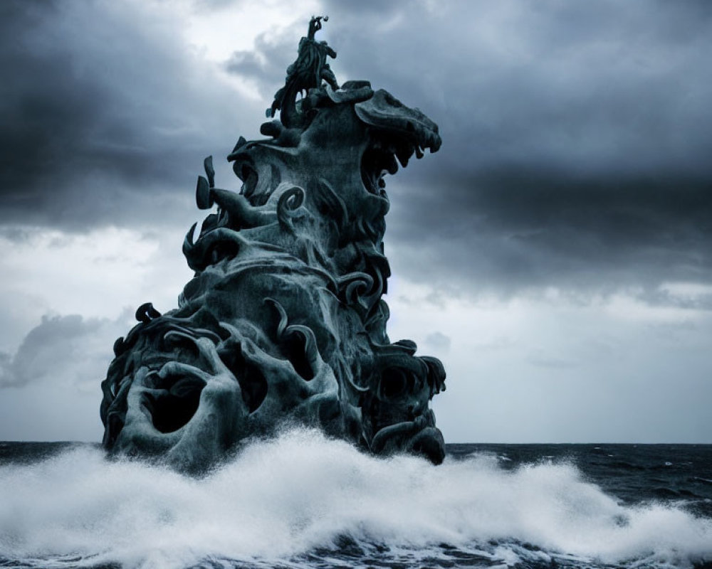 Sculpture of rearing horse and rider under stormy sky with crashing waves