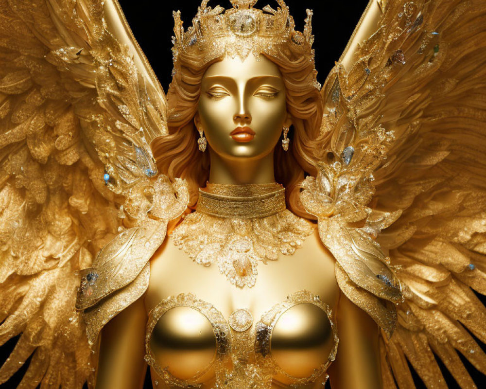 Golden figure with angel wings, crown, and intricate jewelry symbolizing regal elegance and mythical beauty.
