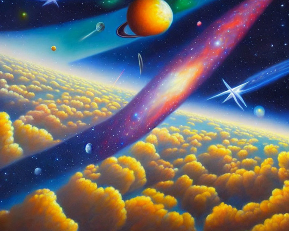 Colorful cosmic painting: stars, planets, comet, clouds on blue space.