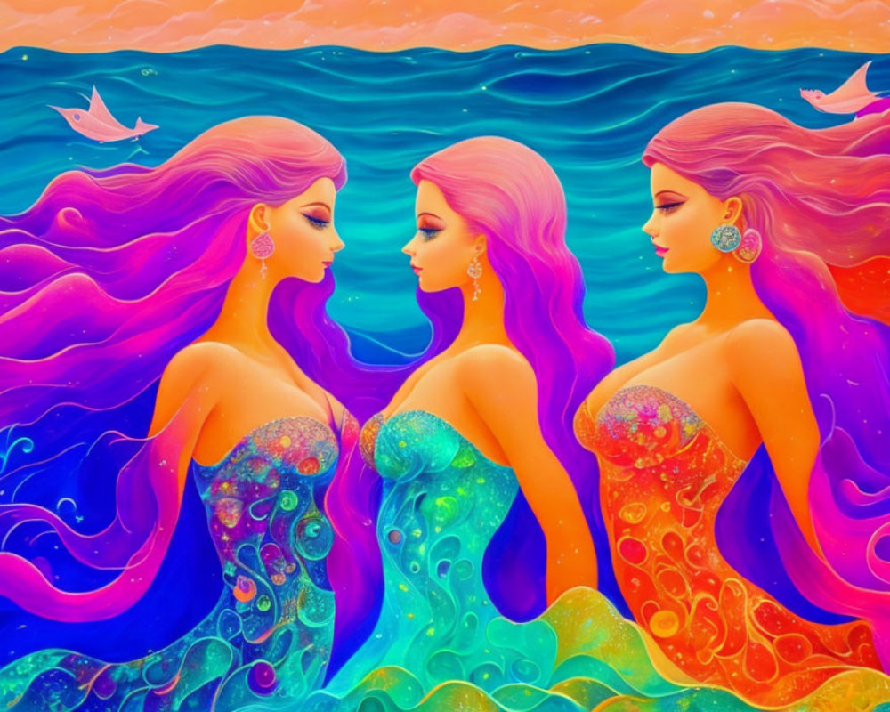 Colorful mermaids with vibrant tails and hair in ocean backdrop