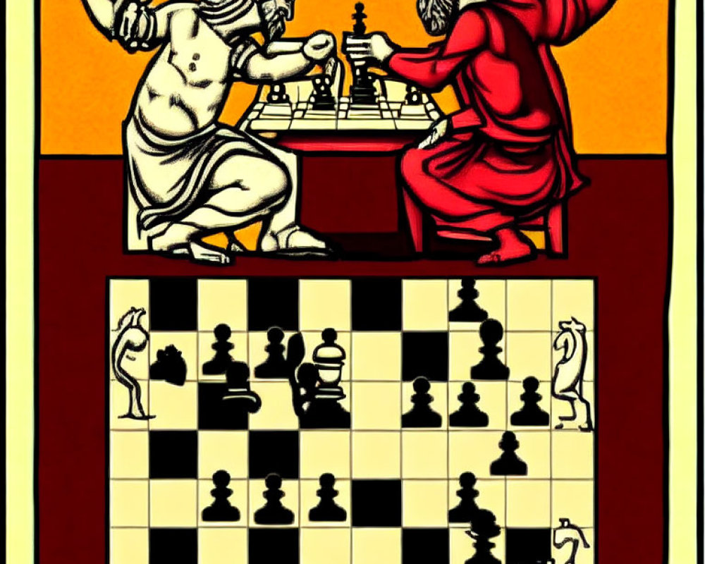 Stylized white and red figures playing chess in medieval art style
