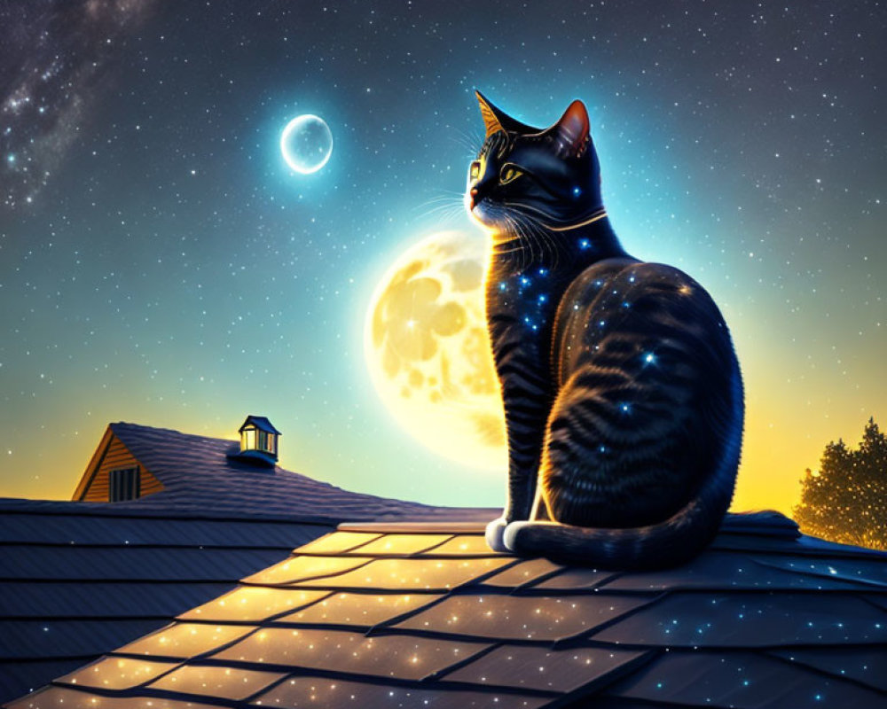 Tabby cat on rooftop under full moon and stars