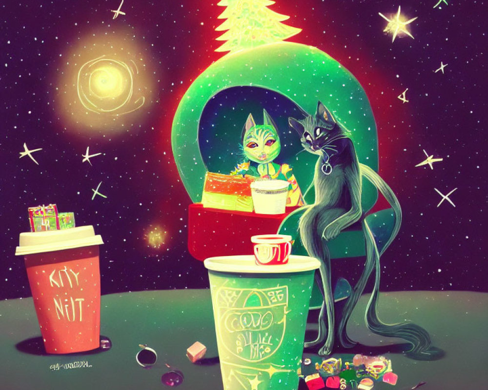 Whimsical cosmic illustration with alien figure, black cat, festive tree portal, 'Kitty N