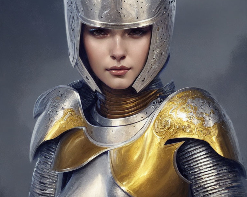 Medieval armor with golden accents and helmet on determined person