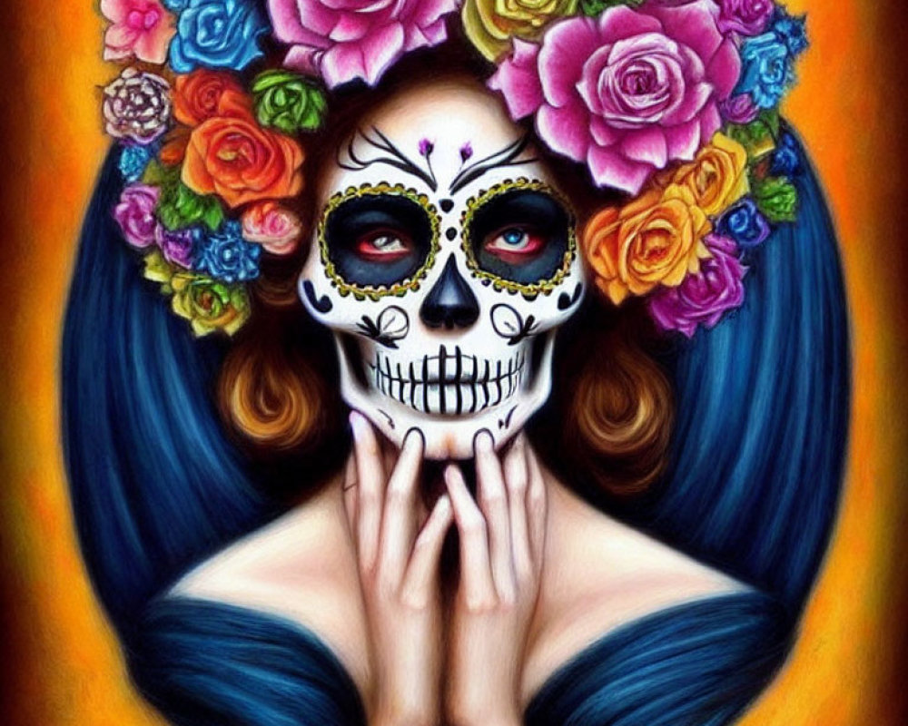 Colorful Dia de los Muertos-inspired skull face paint with rose crown.