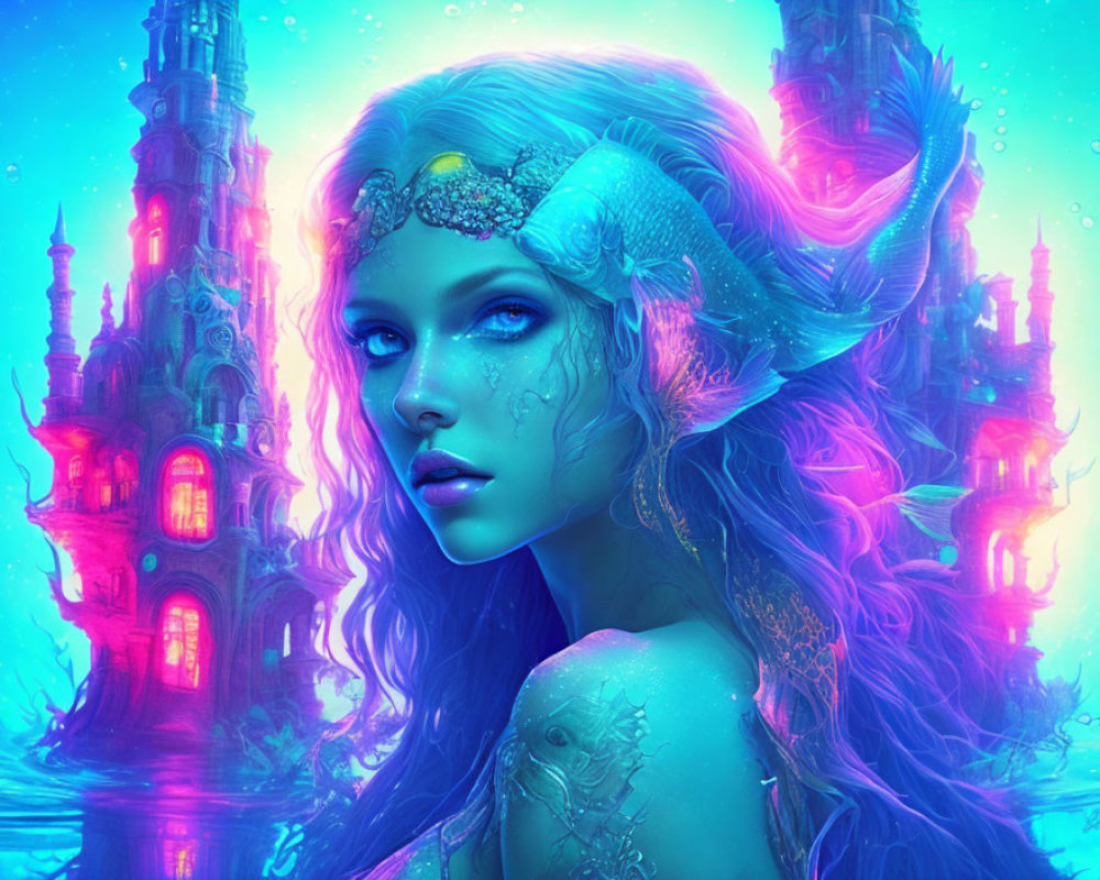 Blue-skinned woman with purple hair in underwater castle scene