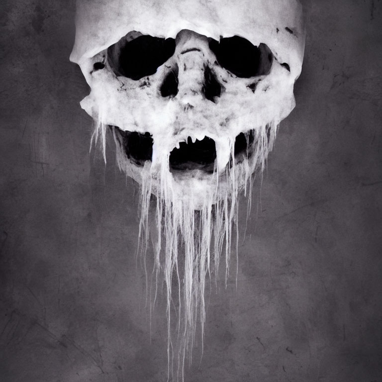 Grayscale melting skull with elongated drips on dark textured background