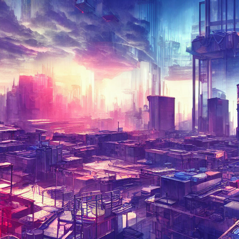 Futuristic cityscape with skyscrapers and flying vehicles in vibrant sky