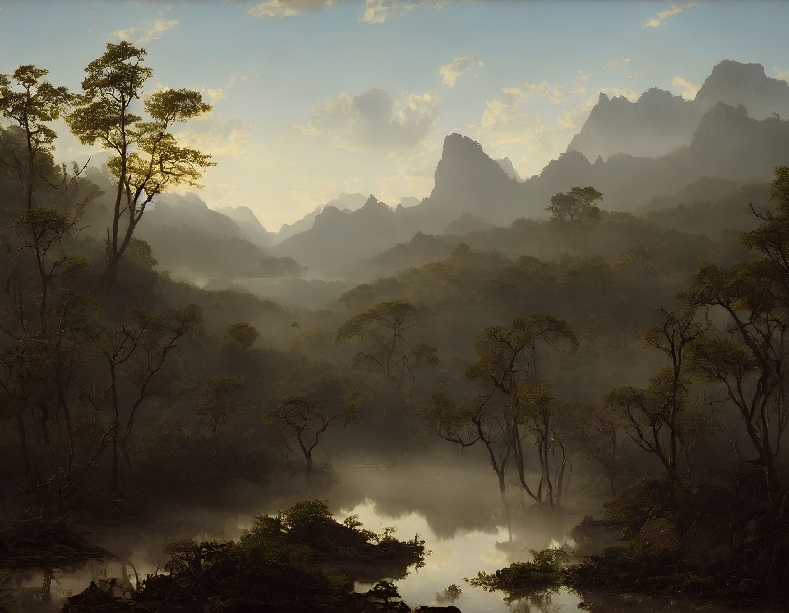 Misty River Landscape with Forests and Mountains