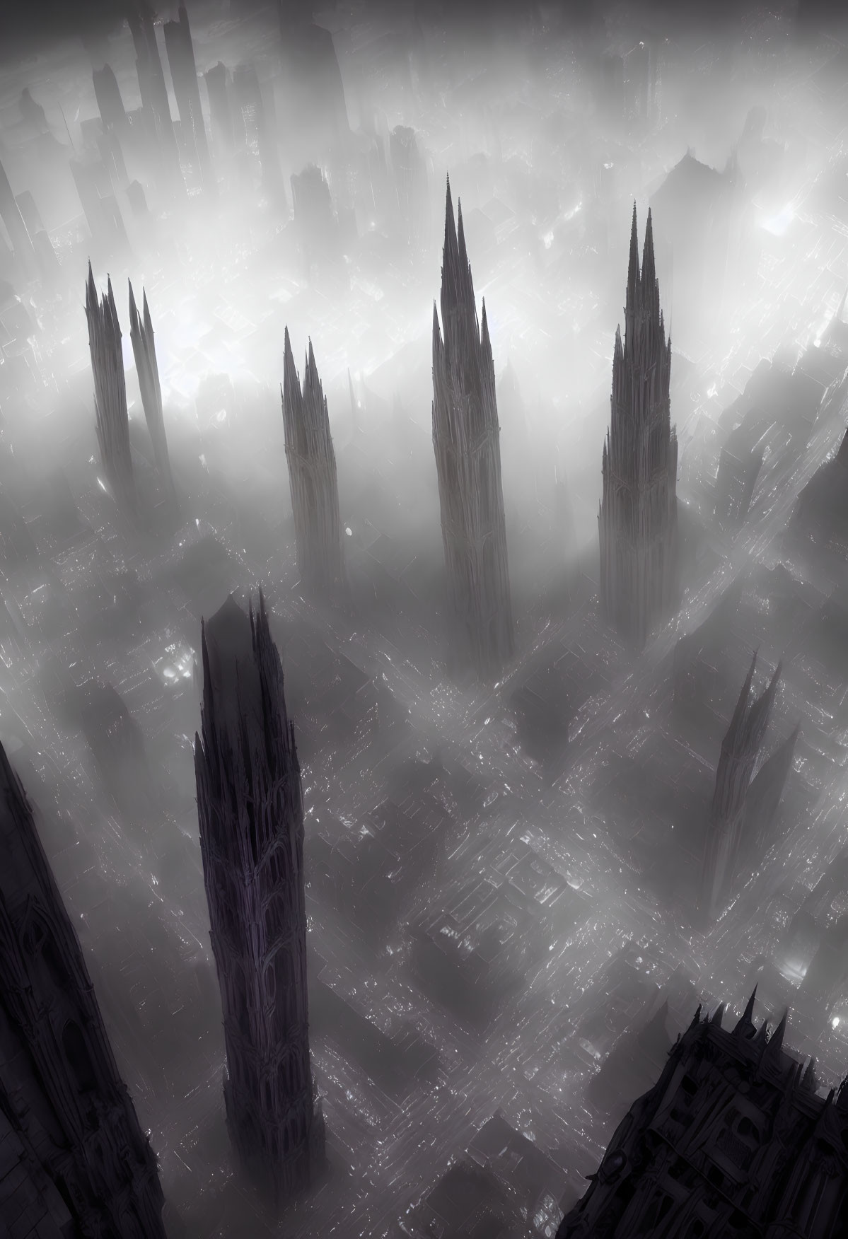 Monochromatic misty cityscape with towering spires