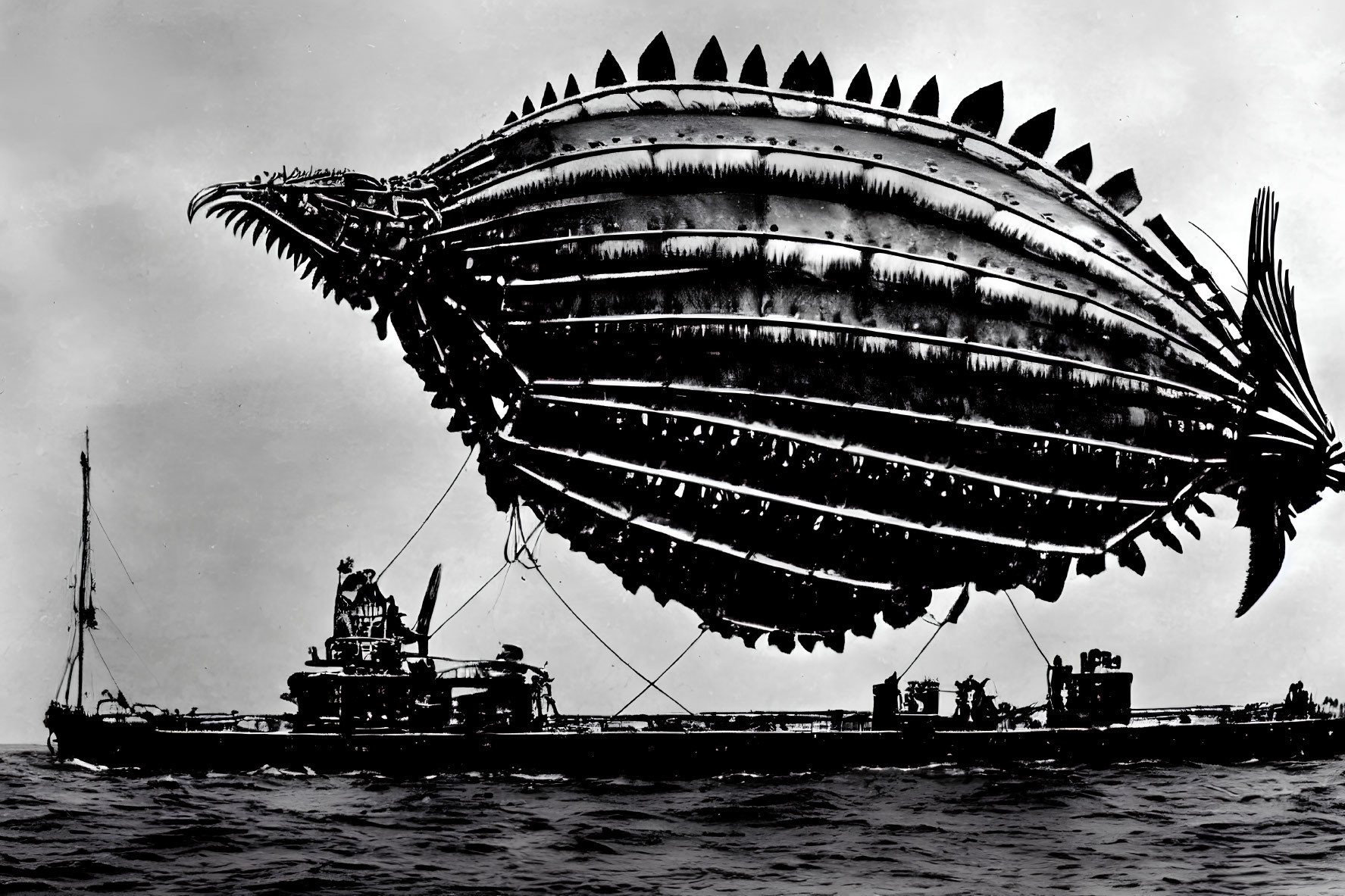 Monochromatic fantasy airship with fish-like features above old naval ship