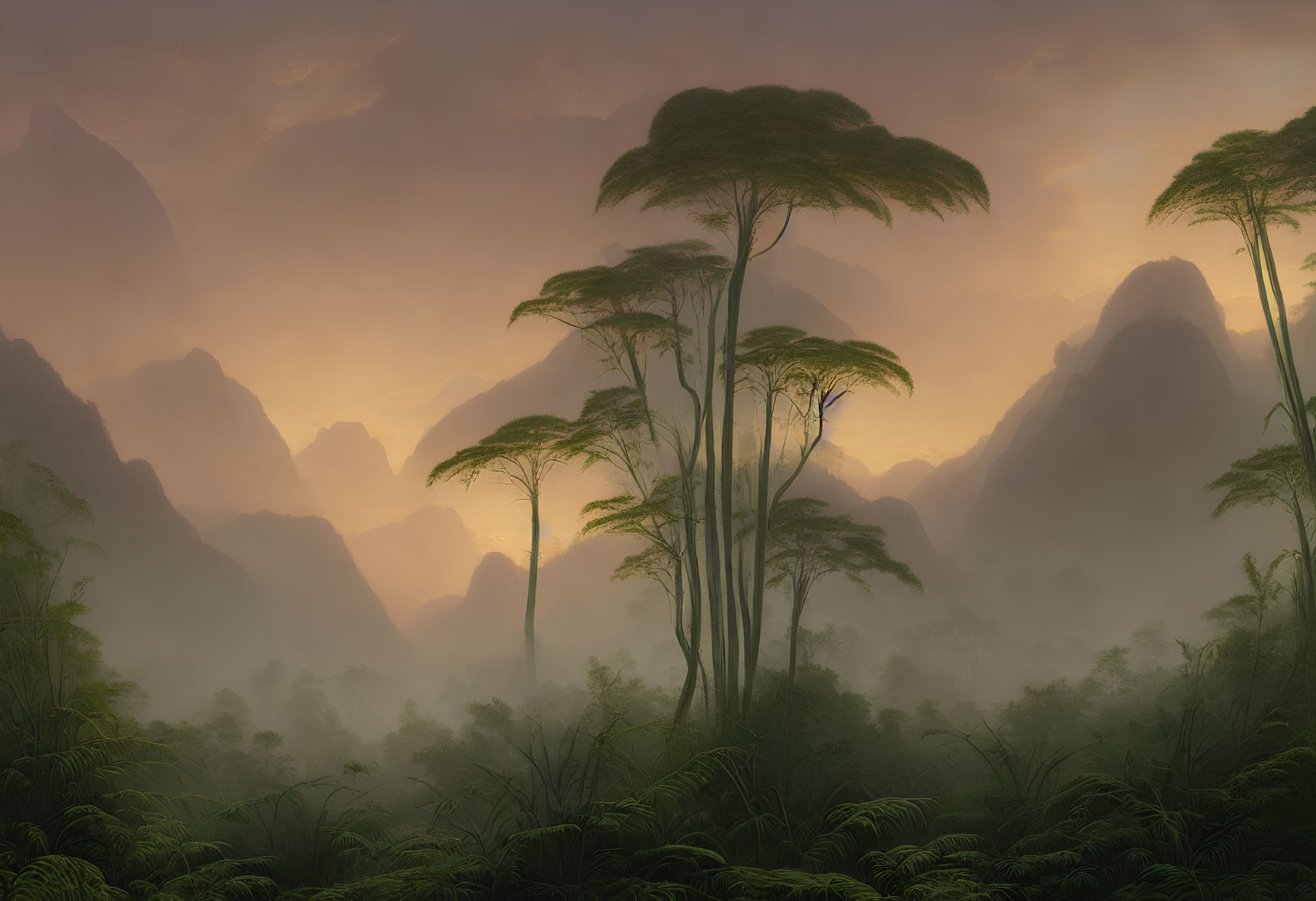 Serene sunrise jungle landscape with tall trees and mountain silhouettes
