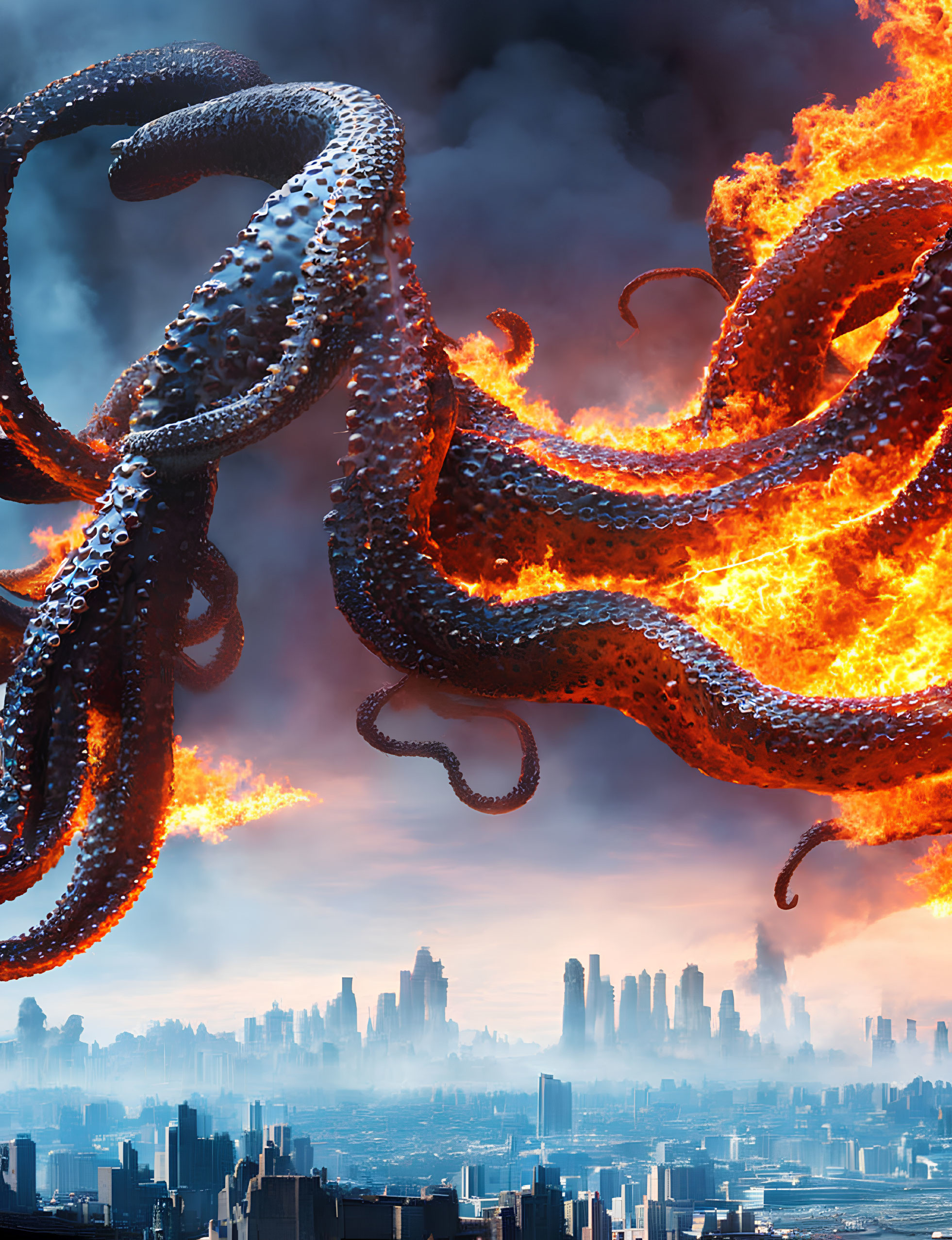 Apocalyptic cityscape engulfed by giant fiery tentacles