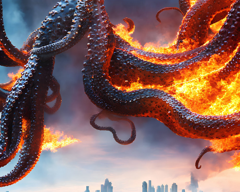 Apocalyptic cityscape engulfed by giant fiery tentacles