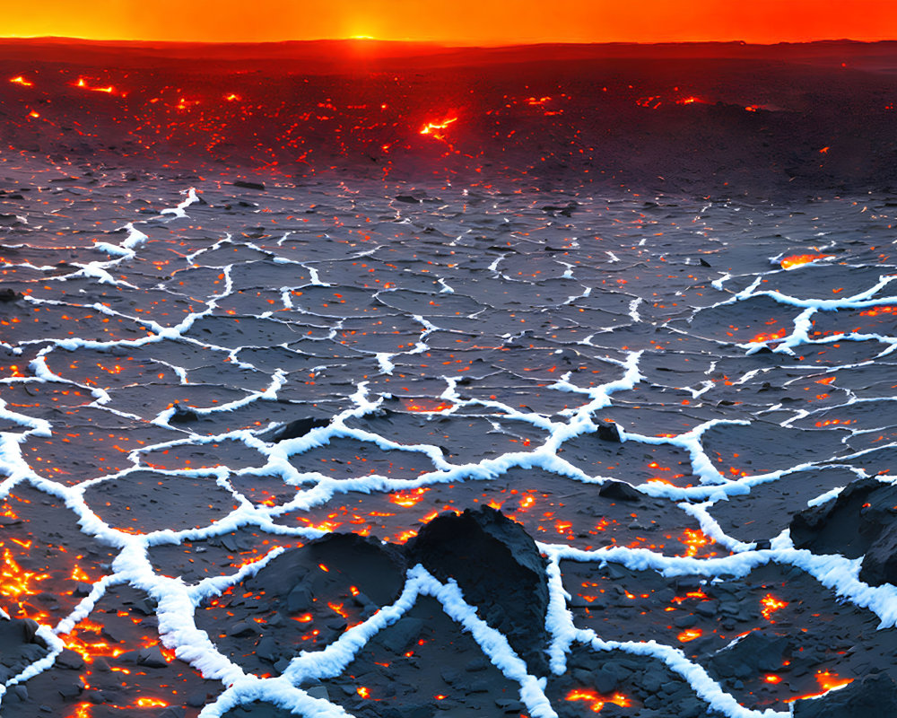 Molten lava field with intricate patterns under fiery sunset