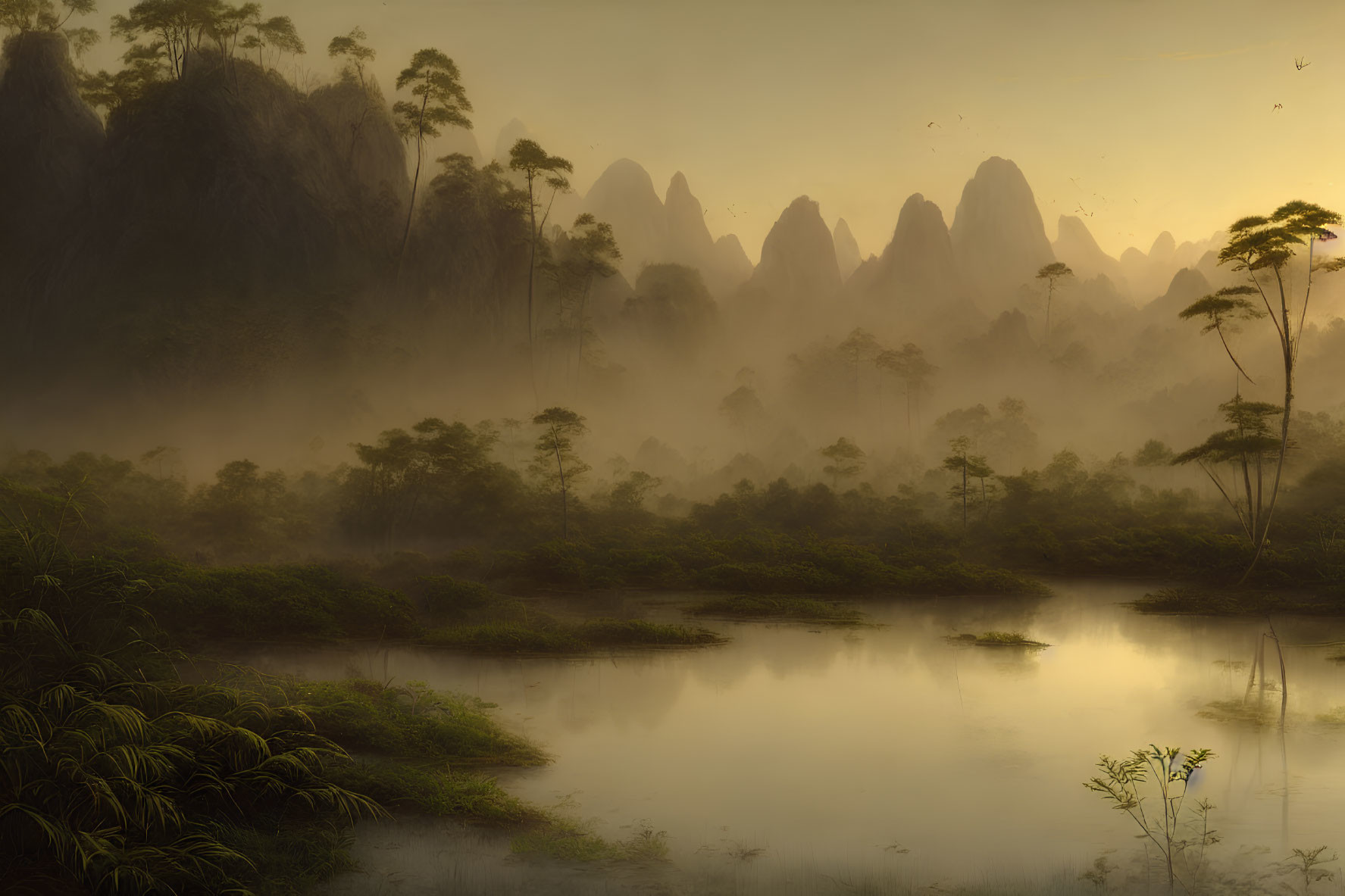 Serene misty landscape at dawn with reflective water, dense forest, and fog-shrouded peaks