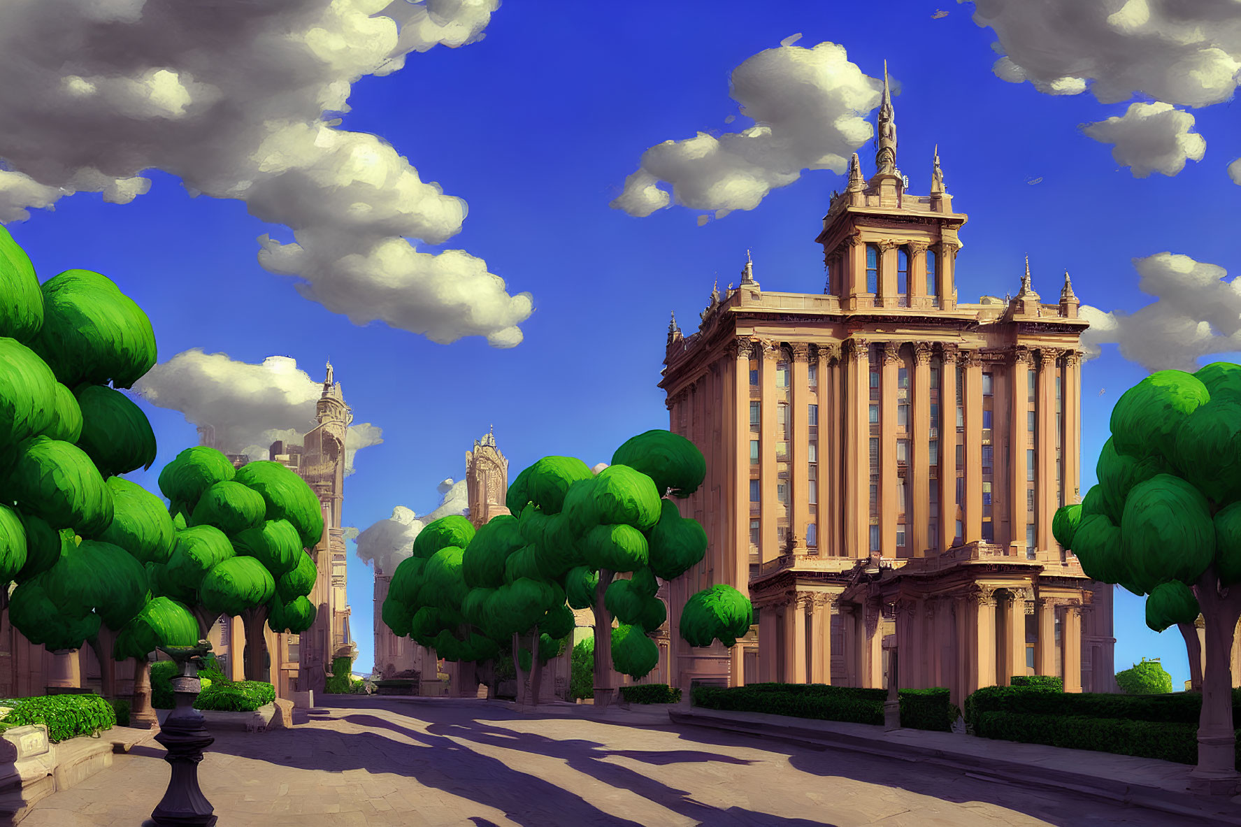 Digital artwork of sunny day with classical building and trees
