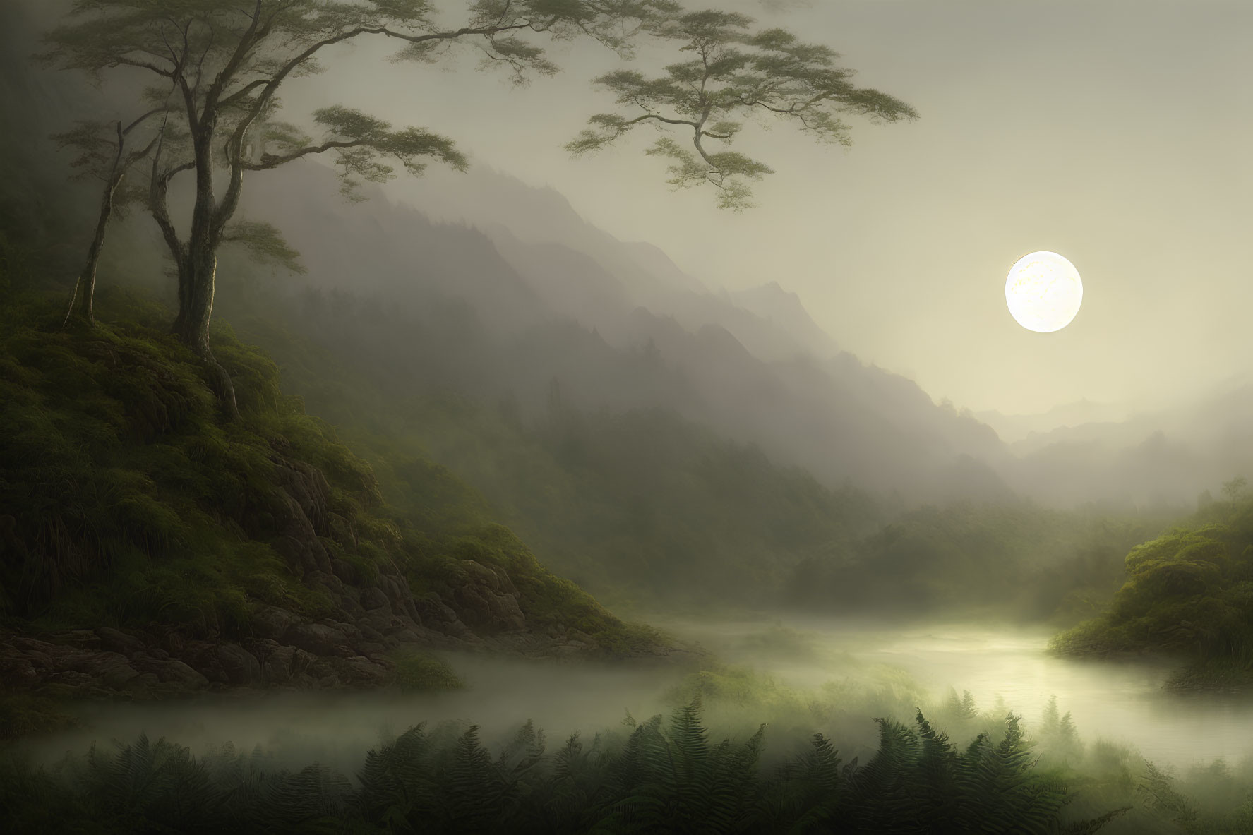 Tranquil landscape: full moon over misty hills, river, ferns, lone tree