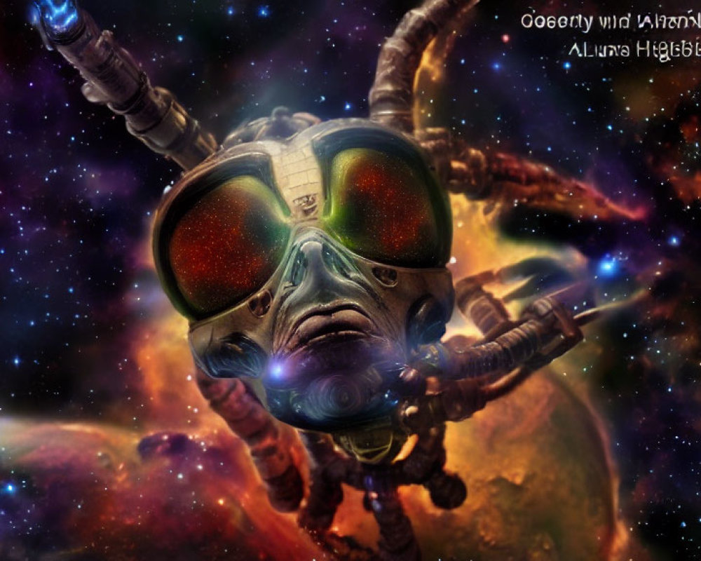 Alien in Space Suit with Large Head and Goggles on Cosmic Background