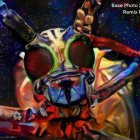 Alien in Space Suit with Large Head and Goggles on Cosmic Background