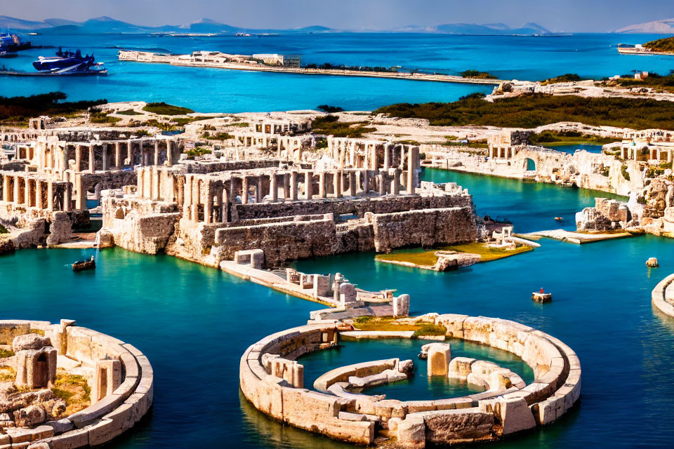 Ancient ruins partially submerged near coastline with boats in clear blue waters