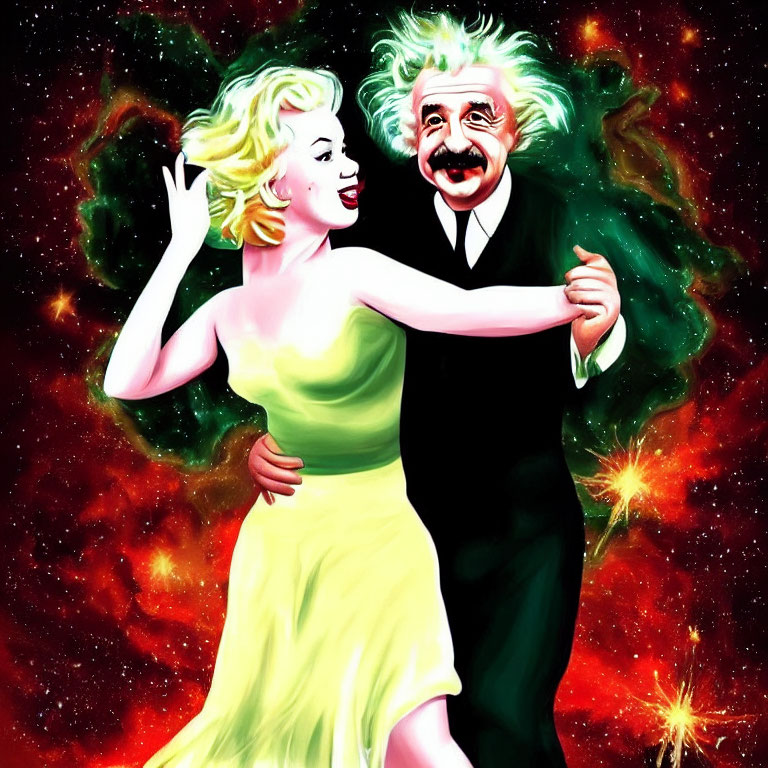 Iconic figures dance in cosmic starry scene: woman in yellow dress, man with wild hair