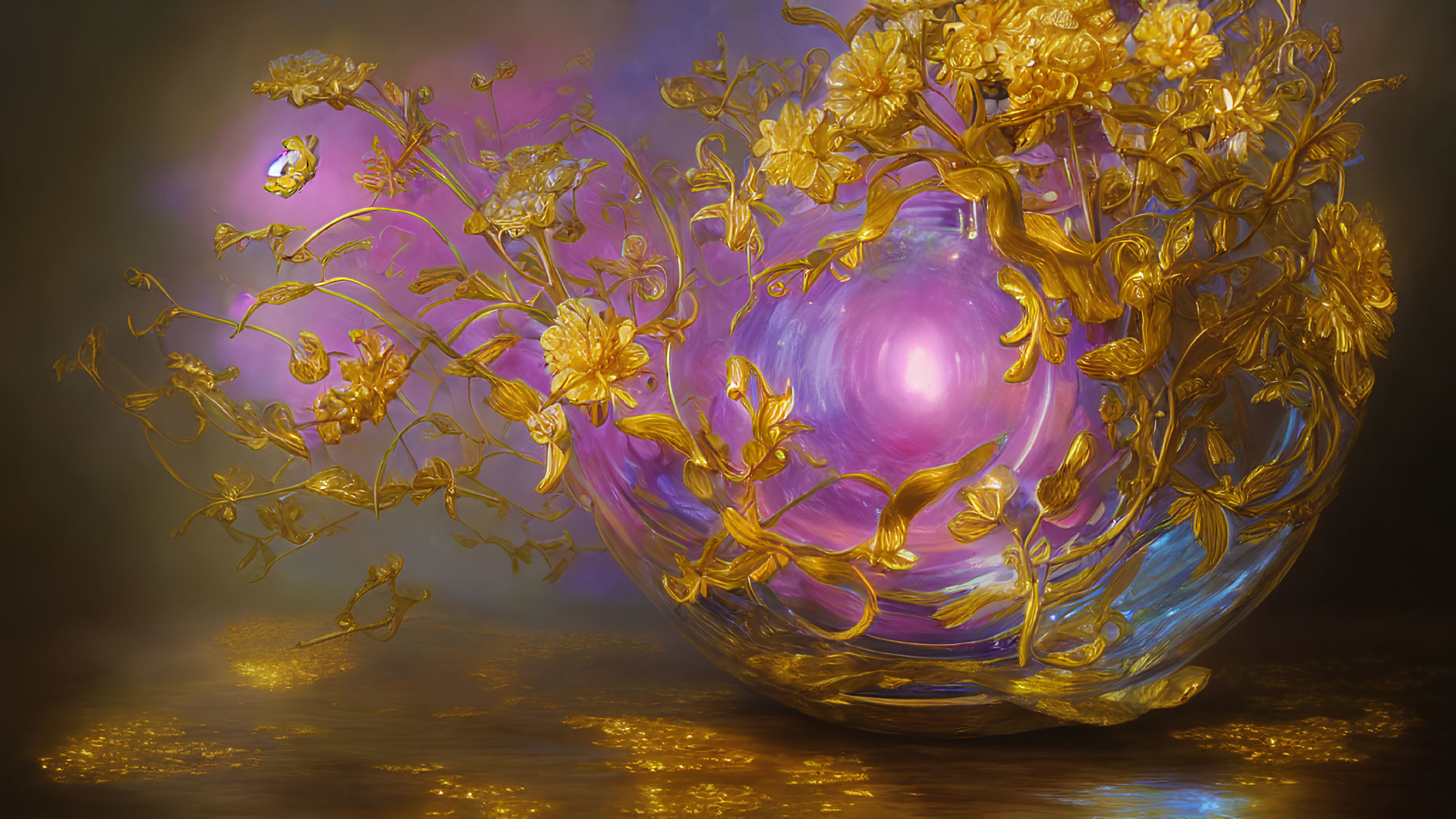 Colorful Digital Art: Glass Orb with Golden Florals & Purple Glow