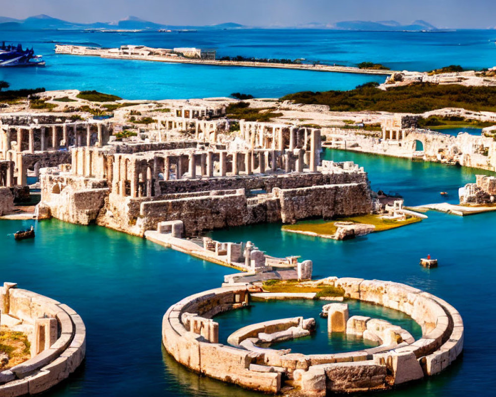 Ancient ruins partially submerged near coastline with boats in clear blue waters