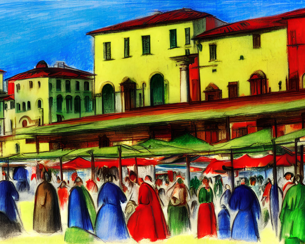 Colorful Market Scene with Crowds and Classic Architecture in Reds and Yellows