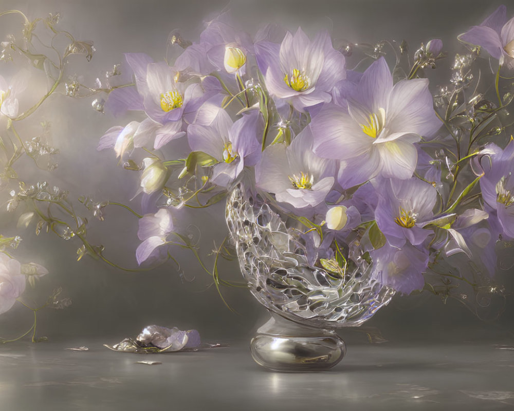 Purple flowers in translucent vase with glowing backdrop