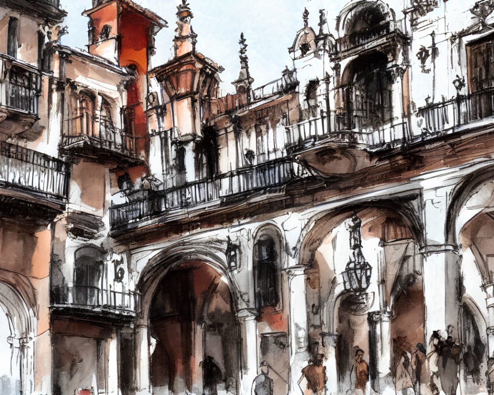 Detailed Watercolor Sketch of Bustling European Plaza