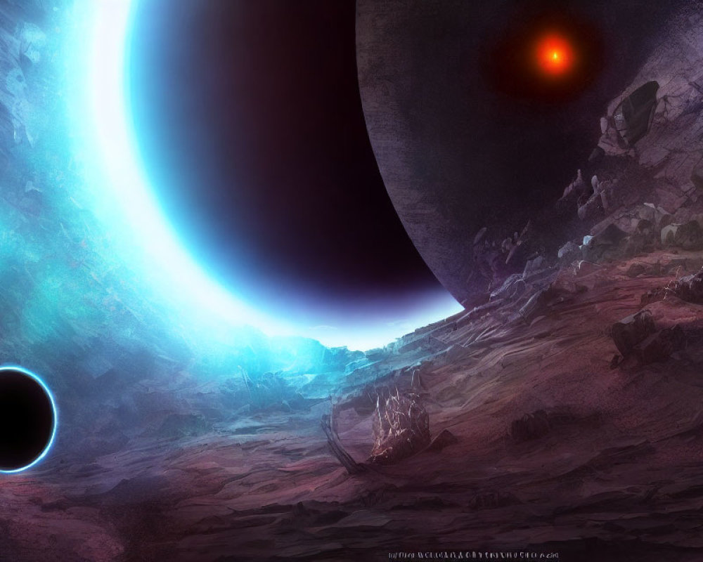 Sci-fi landscape with black hole, red star, and crashed spaceship