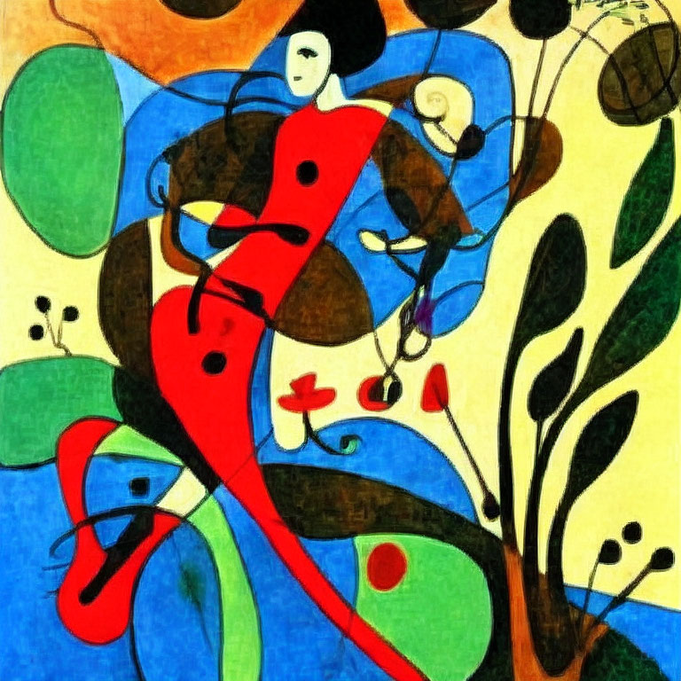 Colorful Abstract Painting with Stylized Figure in Red and White amid Organic Shapes