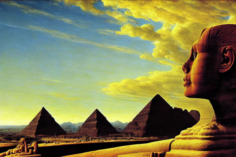 Surreal artwork: Great Sphinx and Pyramids under yellow sky