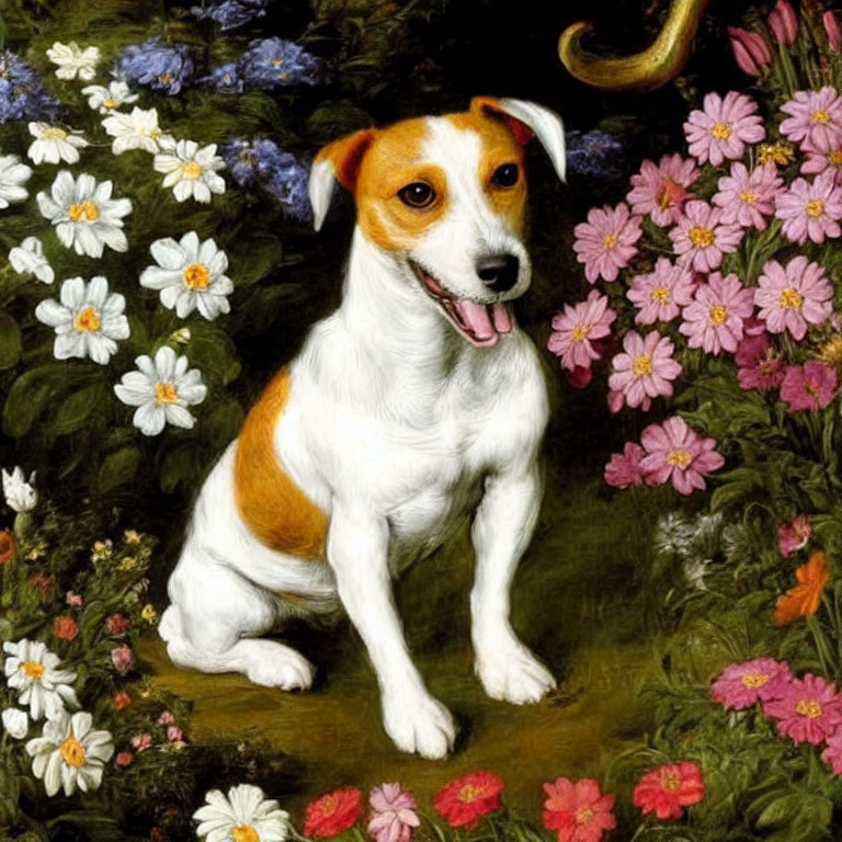 Alert small dog with white and tan fur among colorful flowers