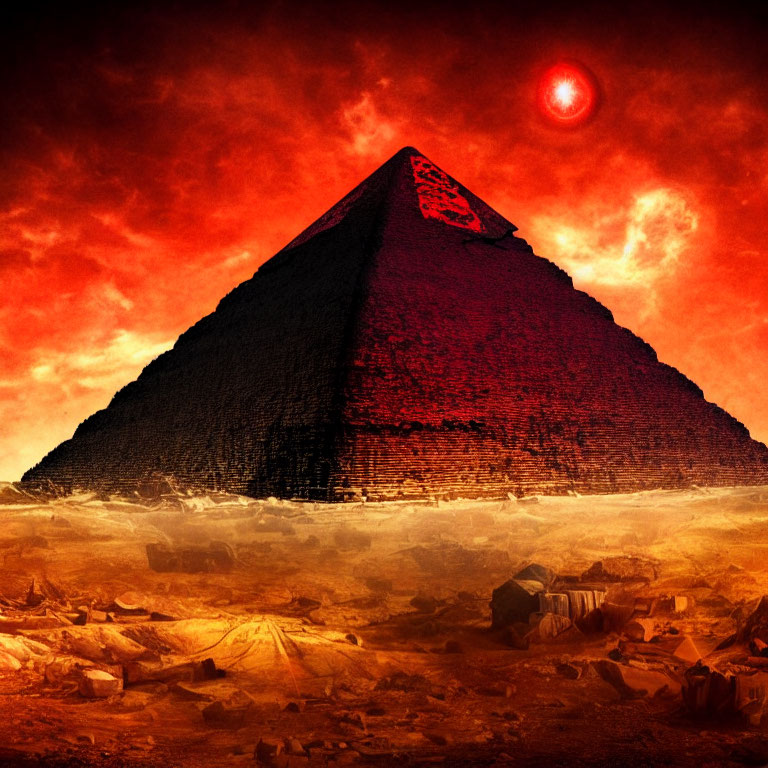 Majestic pyramid under red sky in ancient desert landscape