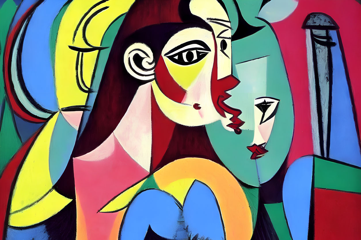 Vibrant abstract painting of fragmented female portrait