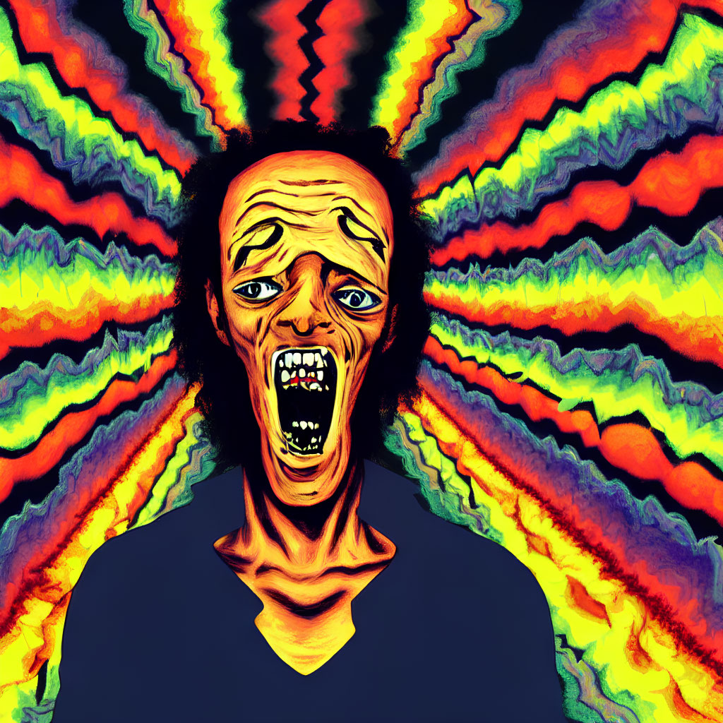 Vibrant psychedelic portrait with exaggerated facial expression